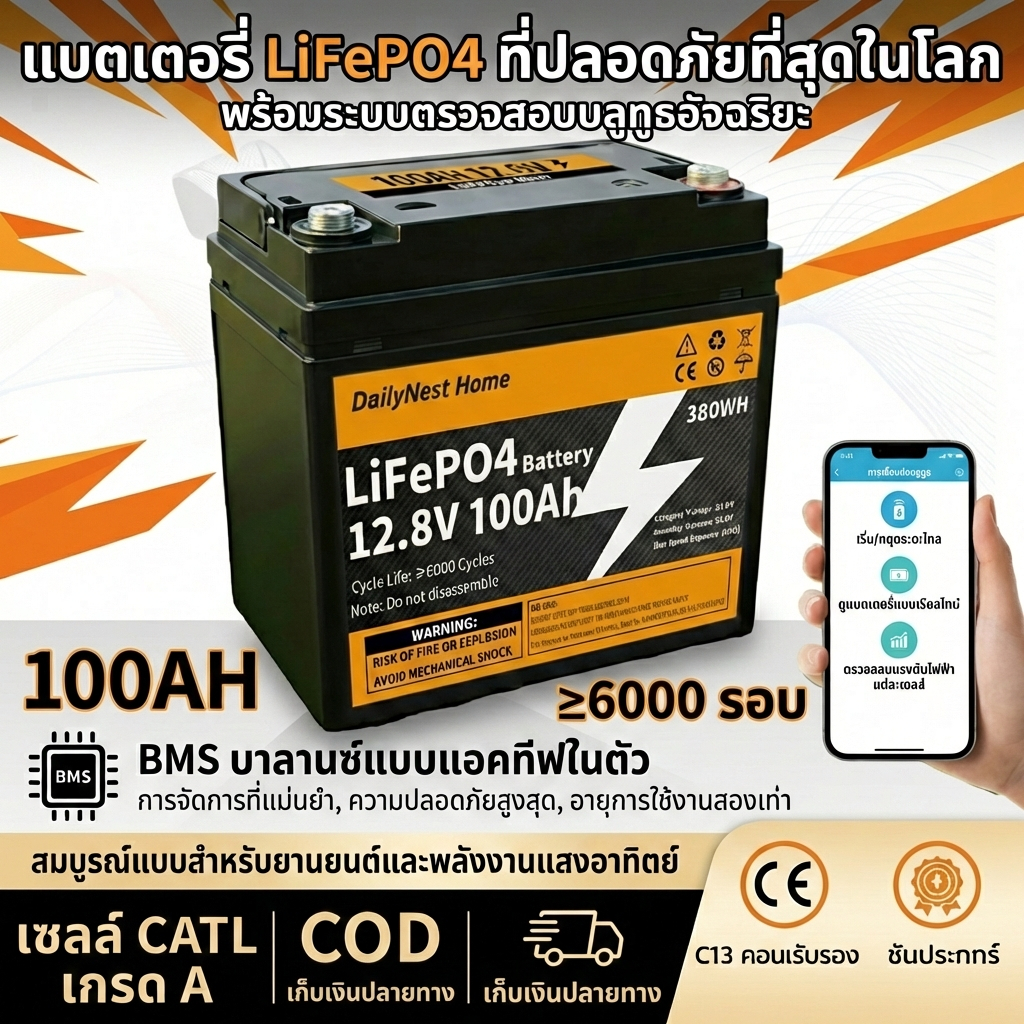 แบตเตอรี่ 12V 100AH แบตลิเธียม แบต LiFePO4 12V 100AH 10000+ Deep Cycles