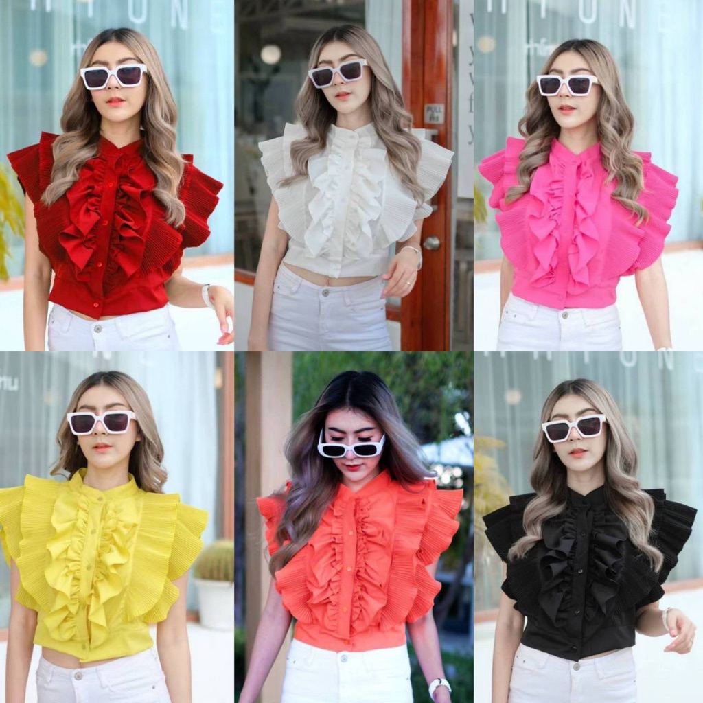 🍄พร้อมส่ง🍄เสื้อคอจีนทรงครอปแขนกุดแต่งระบายอัดพลีท กระดุมแกะได้จริงใส่แบบคอจีนหรือปลดกระดุมคอก็ได้