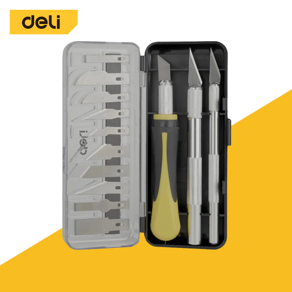 Deli ชุดมีดแกะสลัก ชุดมีดปากกา คัตเตอร์แกะสลัก เหล็ก SK5 ใบมีด 13 แบบ ด้าม 3 แบบ Knife Set