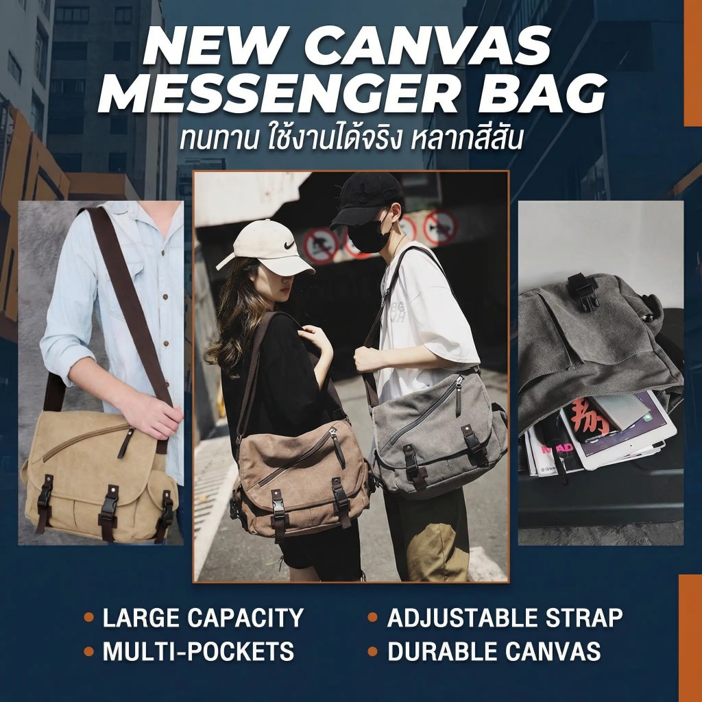 กระเป๋าสะพายข้าง ผู้ชาย ผู้หญิง ผ้า canvas สไตล์เกาหลี ญี่ปุ่น NB713 ใส่หนังสือ เรียนได้ ipad