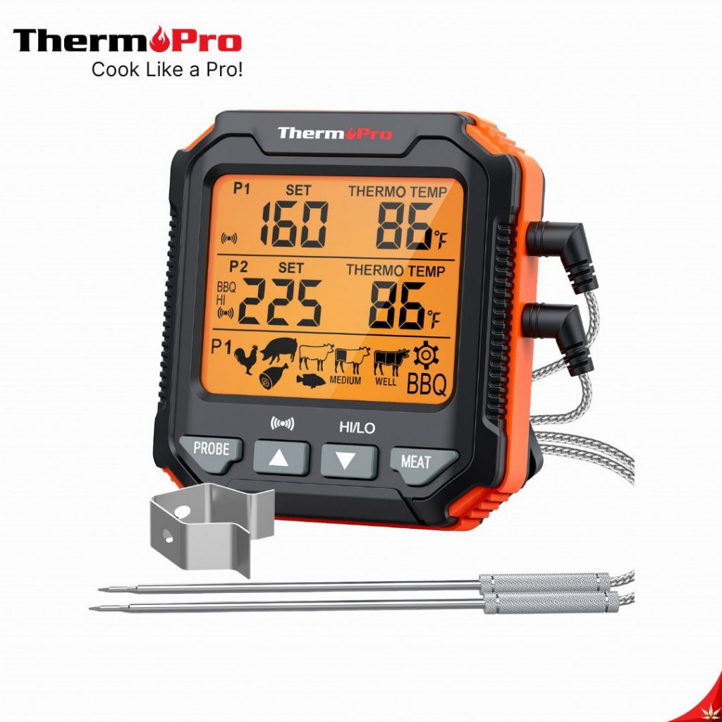 ThermoPro TP717 เครื่องวัดอุณหภูมิอาหารดิจิทัล เครื่องวัดอุณหภูมิสำหรับ BBQ เตาอบ เเละสโมคเกอร์ 2สาย