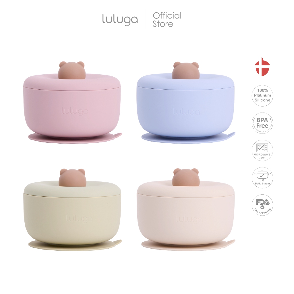 Luluga ชามซิลิโคนเด็ก รุ่น Bear ชามดูดติดโต๊ะ มีฝาปิดกันหก Platinum Silicone BPA Free สำหรับเด็ก 6 เดือน + BLW