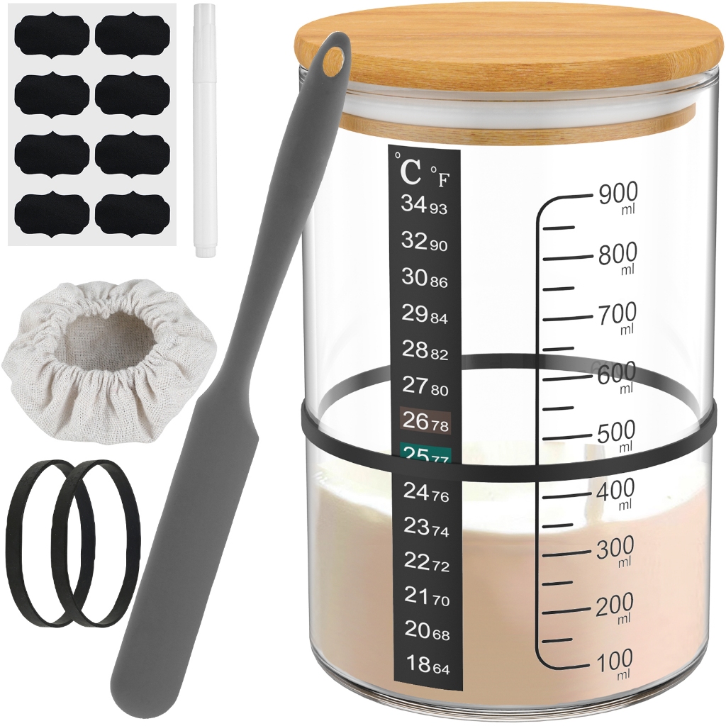 9Pcs Sourdough Starter Jar Kit 900ML Large Capacity Sourdough Starter Container with Lid Spatula Marking Tape and Temper