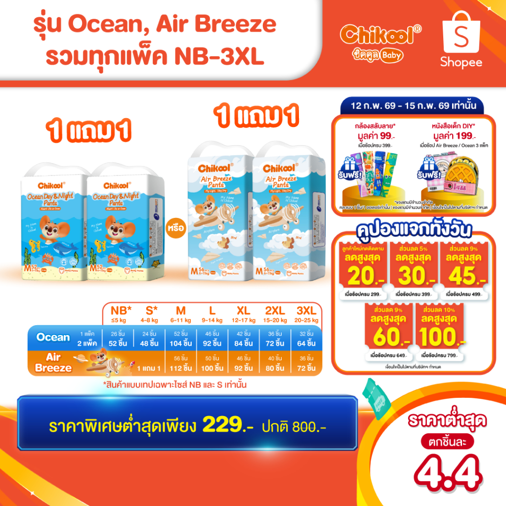 [1 แถม 1] ทุกรุ่น! Chikool ชิคคูล กางเกงผ้าอ้อมเด็ก รุ่น Ocean Day&Night และรุ่น Air Breeze ไซส์ NB-3XL