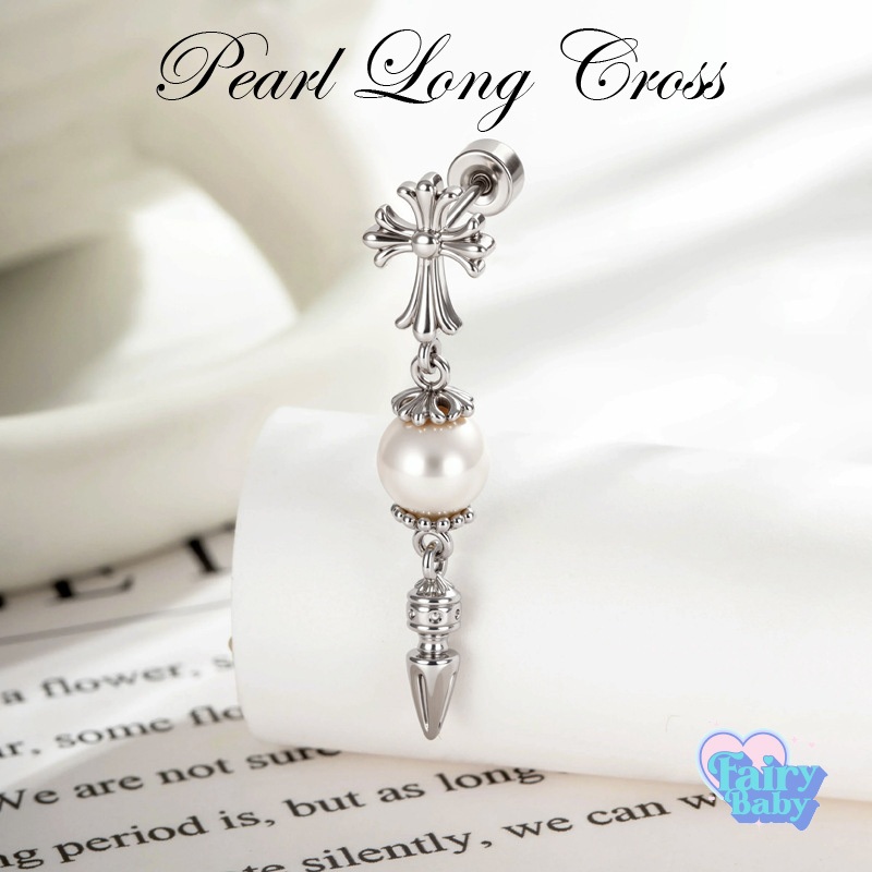 Fairybaby จิว Pearl Long Cross ( 1 ชิ้น ) แป้นแบน จิวหู ไม้กางเขน ไข่มุก ตุ้งติ้ง ดีไซน์ เท่ 0.8 ยาว 6 mm