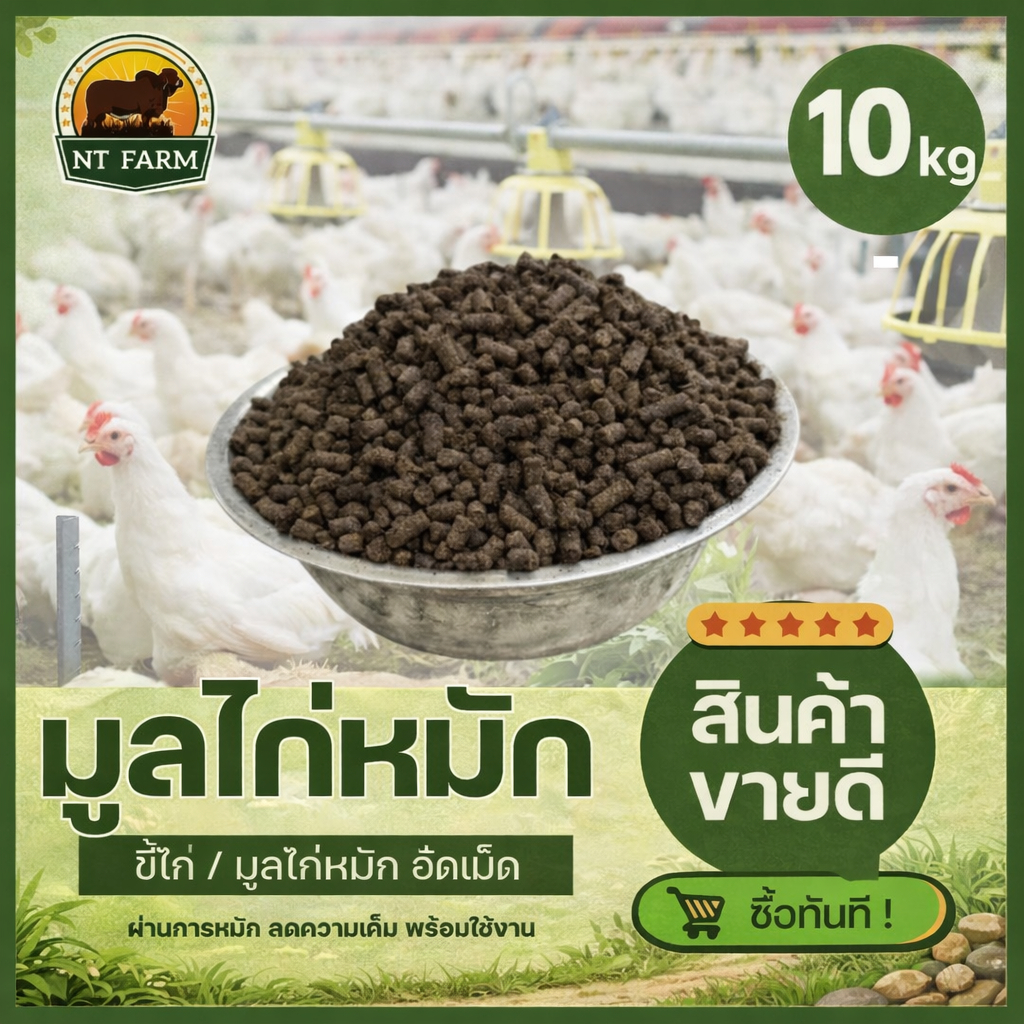 มูลไก่ (ขี้ไก่) ผง/อัดเม็ด ปุ๋ยอินทรีย์ ขนาด 10kg | NT FARM