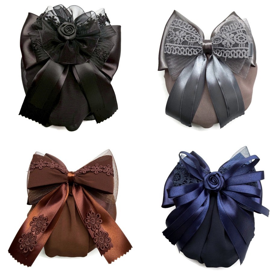เน็ตติดผม 4 สี ดำ,น้ำตาล,เทา,น้ำตาล มีตาข่ายเก็บผม โบว์ติดผม กิ๊บ 10cm โบว์เน็ตติดผม สีสุภาพ พยาบาล ข้าราชการ ตำรวจ