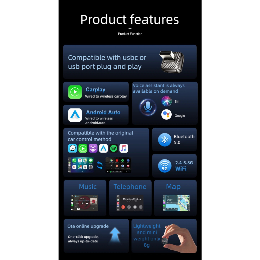 2026 อะแดปเตอร์ CarPlay&Android Auto เชื่อมต่อ BT WiFi 5 สําหรับ 99% Original Wired CarPlay/Android Auto รถยนต์อัตโนมัติ - รูปที่ 5
