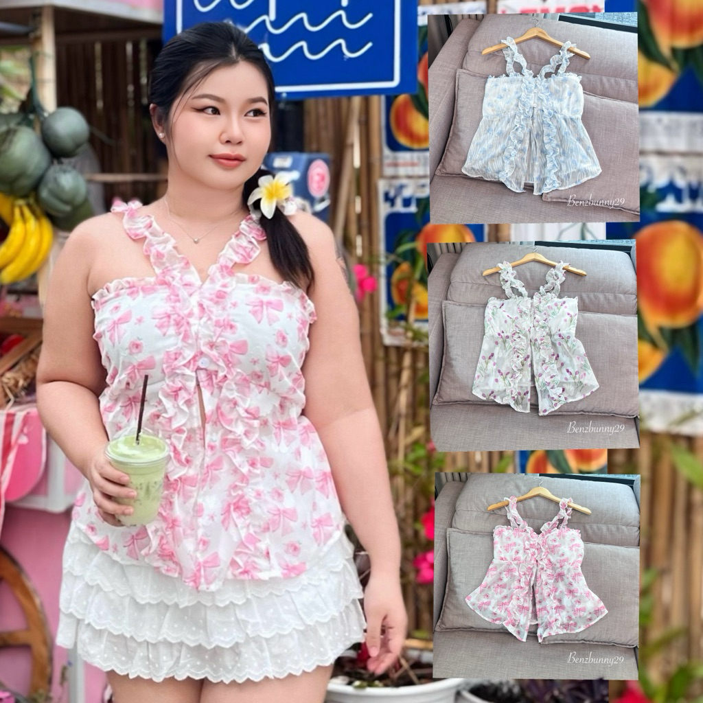 Benzbunny – Sunny day (มีไซส์) เสื้อสายเดี่ยวสายแมงกระพรุนแหวกหน้า ซัมเมอร์ลายผ้าน่ารัก #2143 – โปรปัง