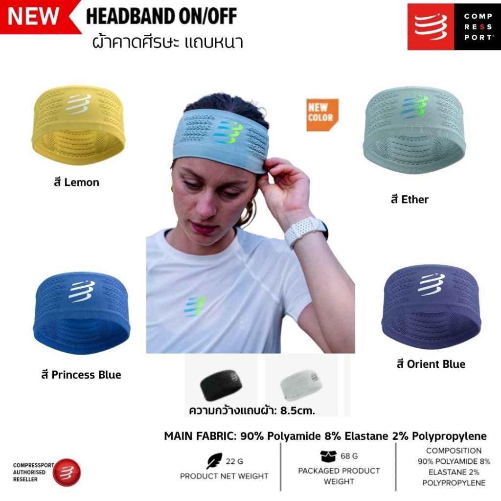 COMPRESSPORT ผ้าคาดศีรษะ HEADBAND แถบหนา ใส่วิ่ง เล่นกีฬา  ซับเหงื่อ แห้งไว 22g ของแท้