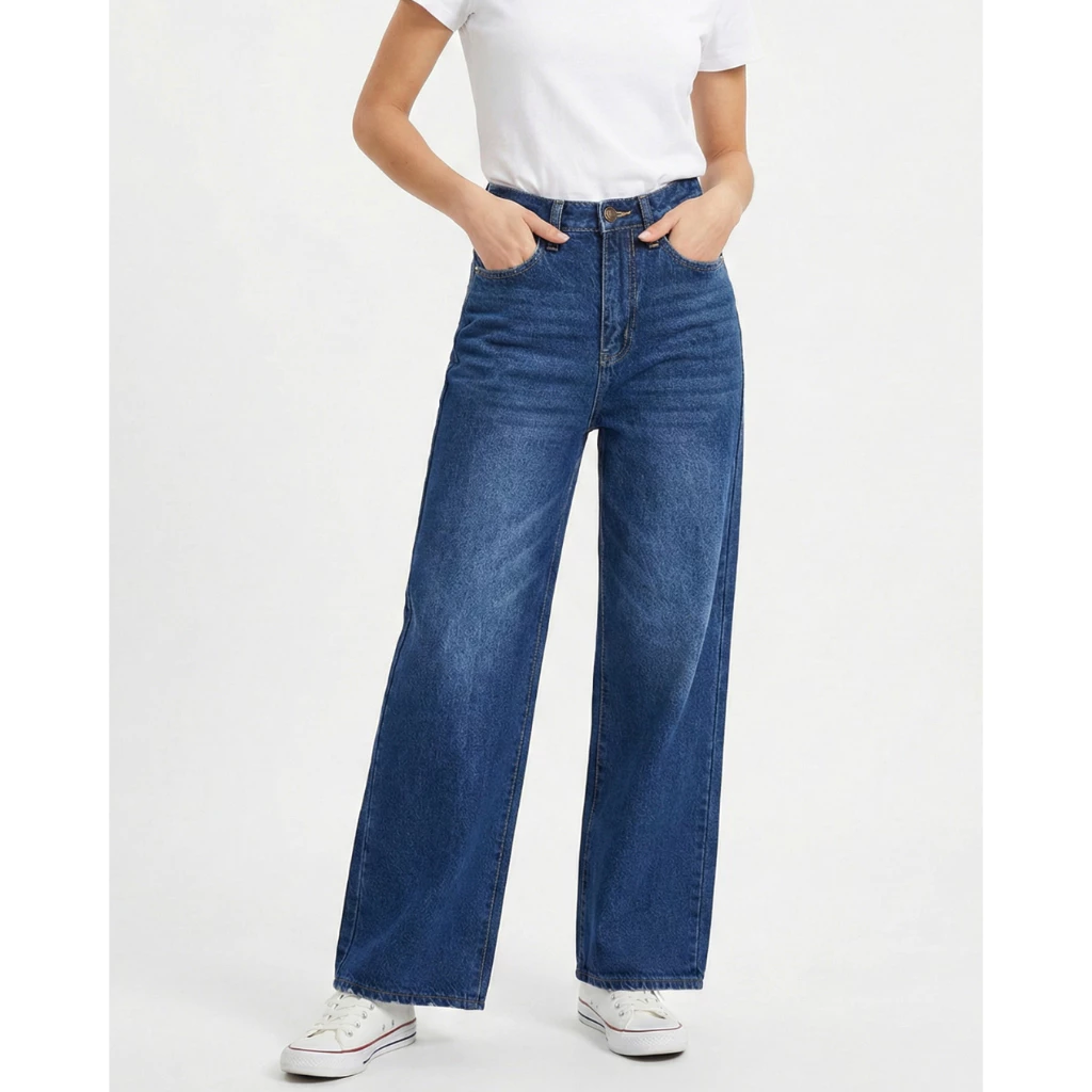 Live's Jorrom Jeans กางเกงยีนส์ ผู้หญิง เอวสูง ทรงกระบอกใหญ่ ผ้าไม่ยืด สีน้ำเงิน (SN:LJ1001/2)
