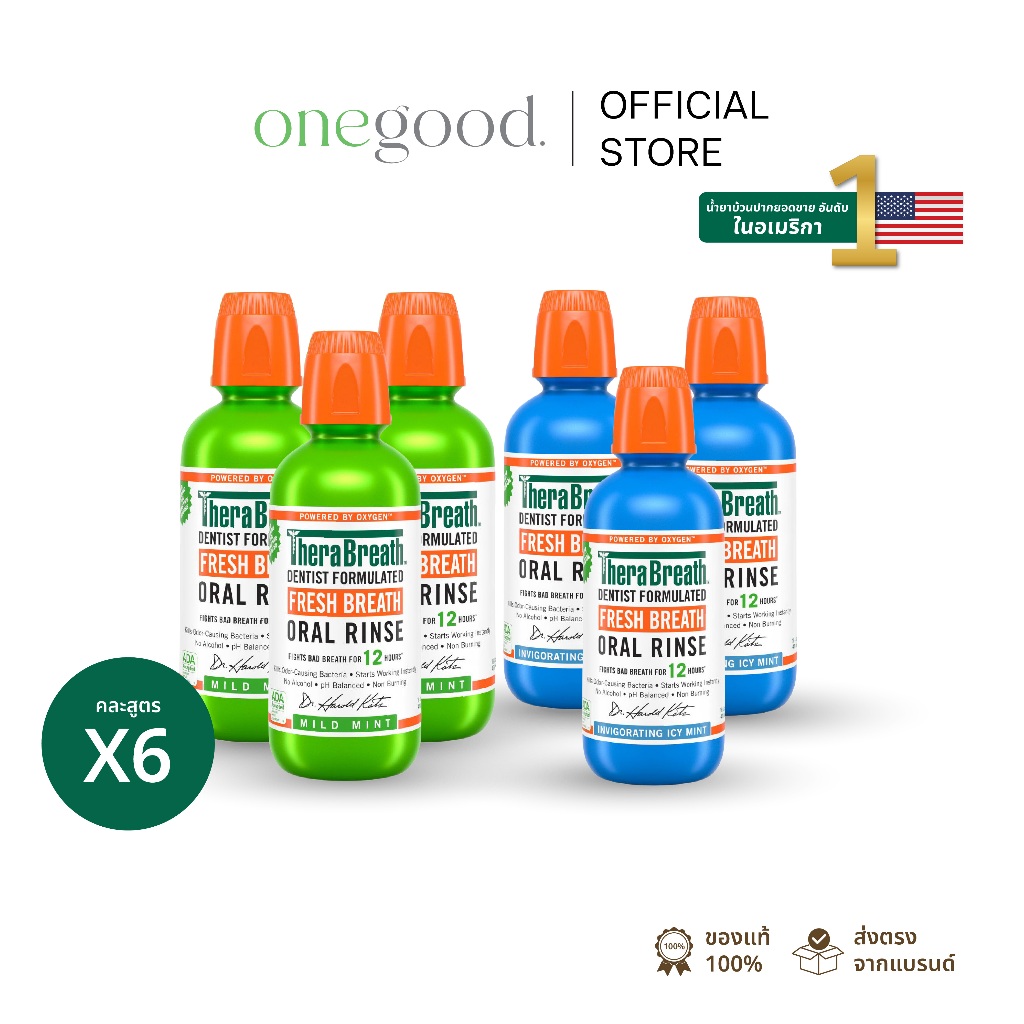 TheraBreath [คละสูตร x6] (Mild Mint) x3 + (Icy Mint) x3 | น้ำยาบ้วนปาก ลดกลิ่นปาก ไม่มีแอลกอฮอล์ 473 ml