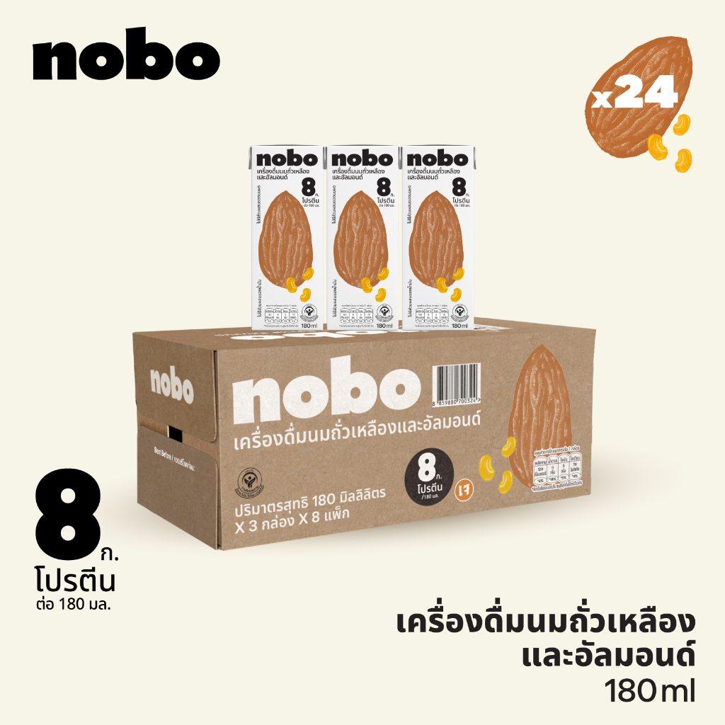 [1ลัง][24กล่อง] โนโบ นมถั่วเหลืองและอัลมอนด์ รสออริจินอล 180มล