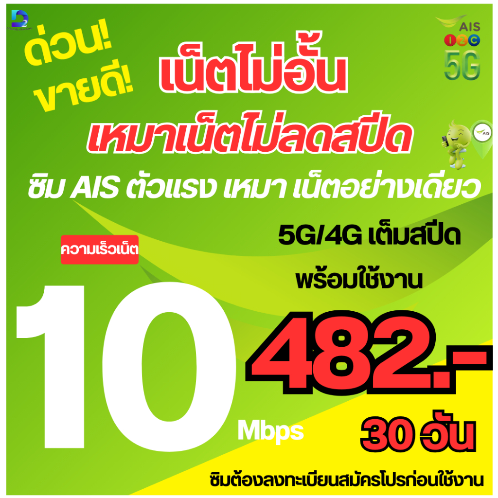 ซิม AIS เติมเงิน เน็ตแรงไม่จำกัด ไม่ลดสปีด 15Mbps/6Mbps/4Mbps โทรฟรีทุกเครือข่าย พร้อมใช้งานหลังลงทะ