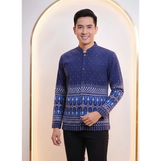 เสื้อลายไทยผู้ชายเต็มตัวแขนยาว เนื้อผ้าฝ้ายพิมพ์ลายหมักโคลน โทนสีกรม
