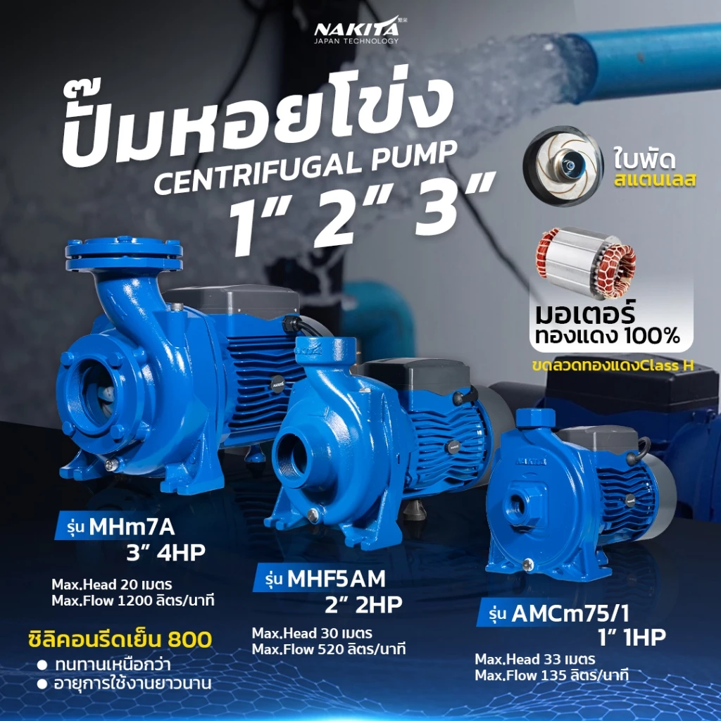 ปั๊มหอยโข่งไฟฟ้า 1นิ้ว 2 นิ้ว Nakita รุ่น MHF5AM มอเตอร์ทองแดง 100เปอร์เซ็นใบพัดสแตนเลส ประสิทธิภาพและกำลังส่งน้ำ 2 เท
