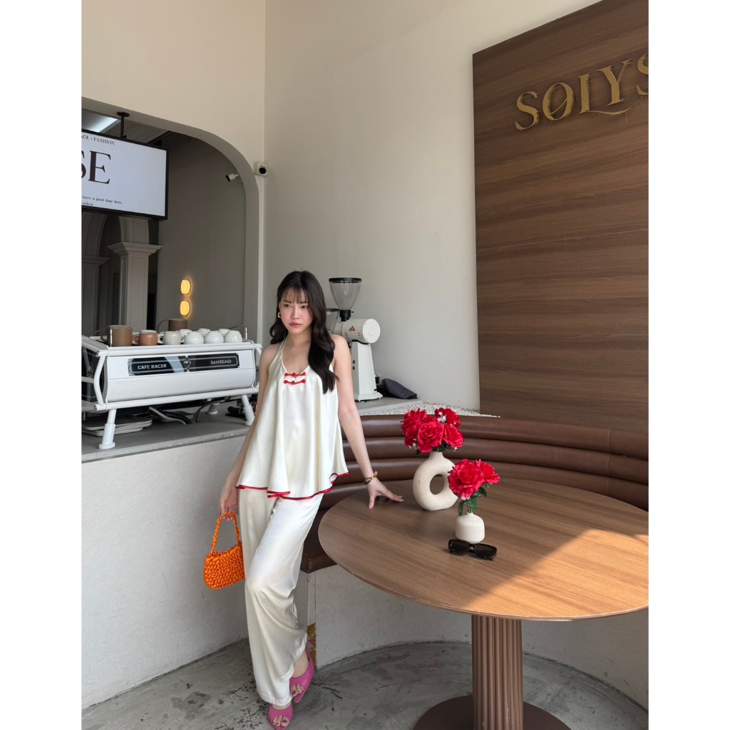 colourblockmatter - Meiling ชุดเซทเสื้อคล้องคอ + กางเกงสม็อคหลัง ผ้าซาติน มี 6 สี