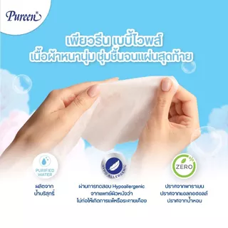 [แพ็ค 4x3 = 12 ห่อ] Pureen เพียวรีน เบบี้ไวพส์ สูตรเพียวแอนด์มายด์ 80 แผ่น ส่วนผสมอโรเวร่า และวิตามินอี มีกลิ่นหอม