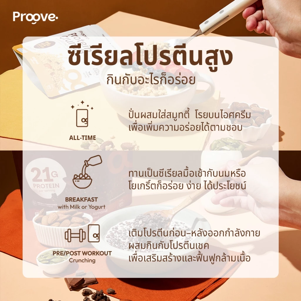 Proove Protein Crunch Plant Based ซีเรียล รสออริจินอล และ รสดาร์กช็อกโกแล็ต อัลมอนด์ โปรตีนพืชอบกรอบ ขนาด 35g และ 210g thumbnail 6