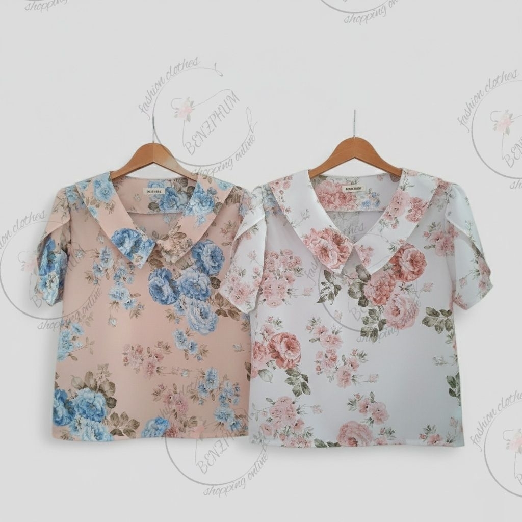 เสื้อคอบัวแหลม แขนกลีบบัว เสื้อแฟชั่นผู้หญิง รอบอก40นิ้ว