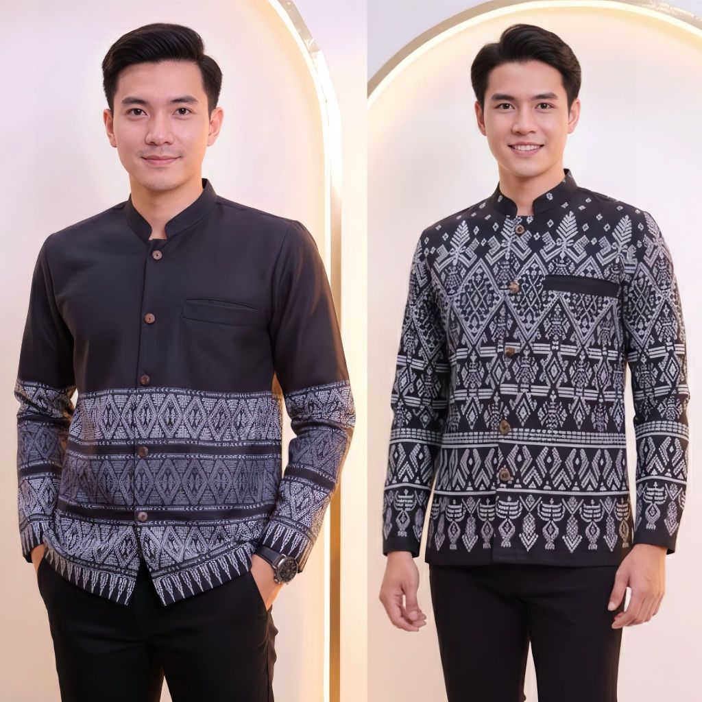 เสื้อลายไทยผู้ชายแขนยาว เนื้อผ้าฝ้ายพิมพ์ลายหมักโคลน โทนสีดำ แถม!!ถุงใส่แก้วน้ำ