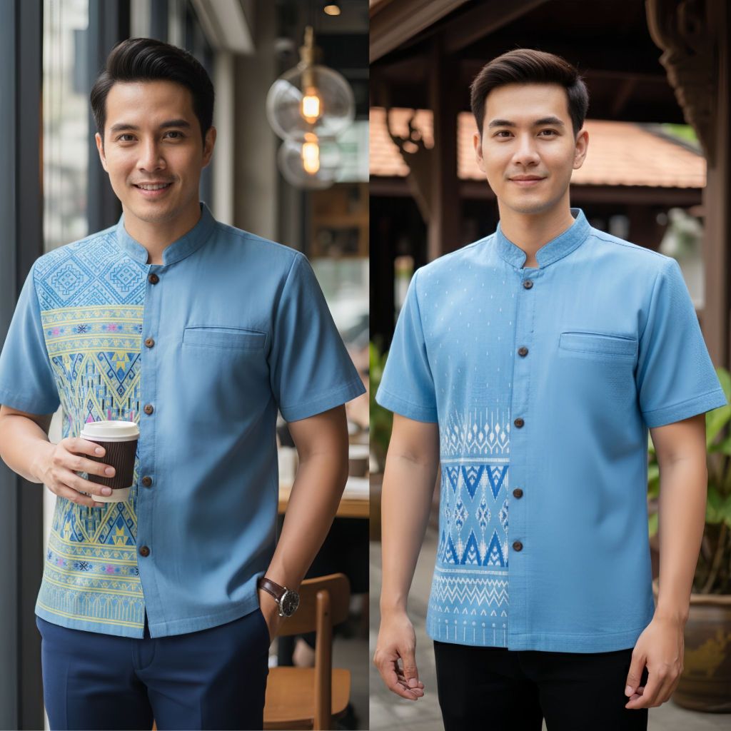 เสื้อลายไทยทูโทนผู้ชายแขนสั้น เนื้อผ้าฝ้ายพิมพ์ลายหมักโคลน โทนสีฟ้าพาสเทล