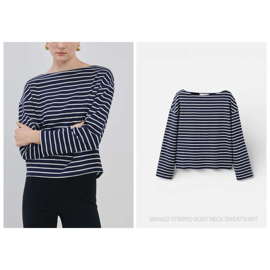 MANGO เสื้อยืดลายทาง คอกลม แขนยาว ทรงหลวม STRIPED BOAT NECK SWEATSHIRT (C3102)
