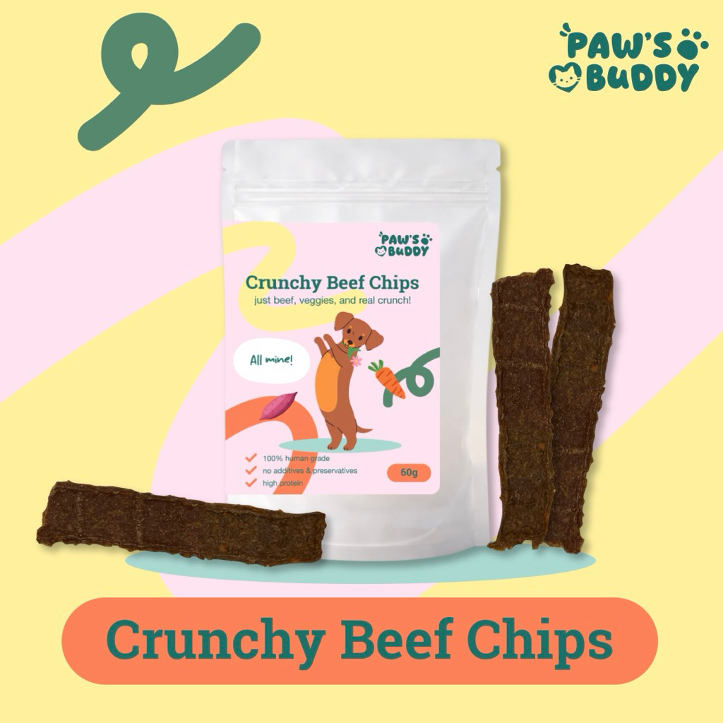 ขนมสุนัข สติ้กเนื้อวัวและผัก Paw’s Buddy แผ่นบางกรอบ ขนมสุนัขเกรดคนทาน 60g