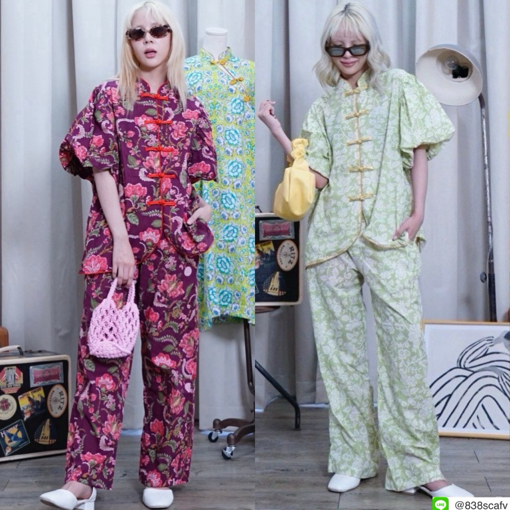 📌ทักก่อนสั่ง📌ตรุษจีน  6034 ชุดเซท2ชิ้น  เสื้อคอจีน อก44“+ กางเกงเอวสม็อค  ผ้าคอตตอนอินเดีย MTD