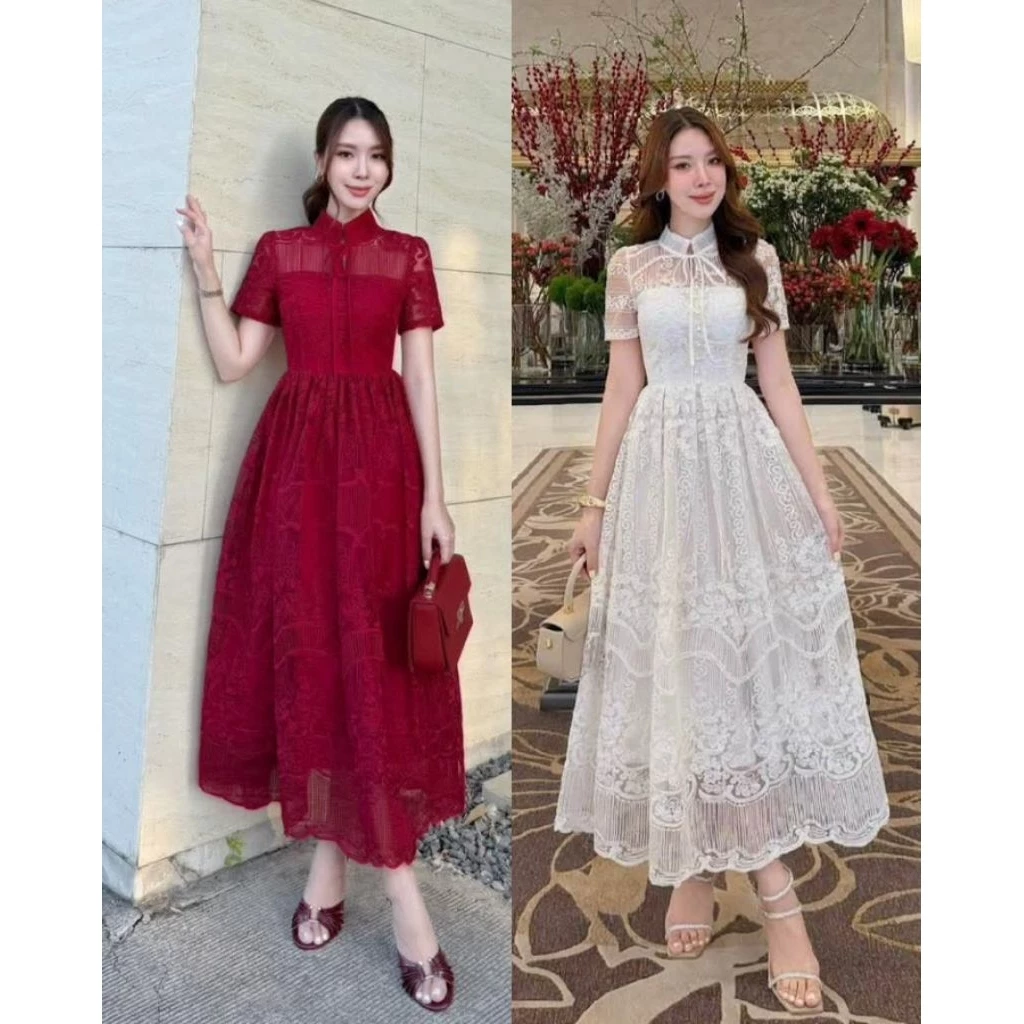 Si-am ชุดเดรสกระโปรงยาว ผ้าลูกไม้อย่างดี ทรงสวย ใส่สบาย คอจีน แต่งโบว์น่ารัก แขนสั้น เนื้อผ้าสวย สีชัดเจน ไซส์ S-4XL