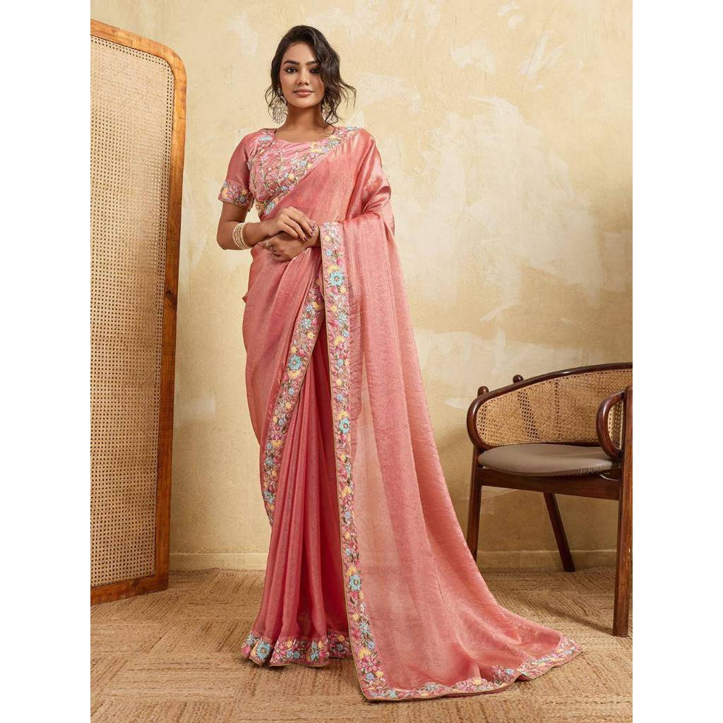 Saree  Fabric.  :- Fendy Chiffon Work  :- Beads Embroidery work lace border   Cut  :- 5.5 mtr  Fabri