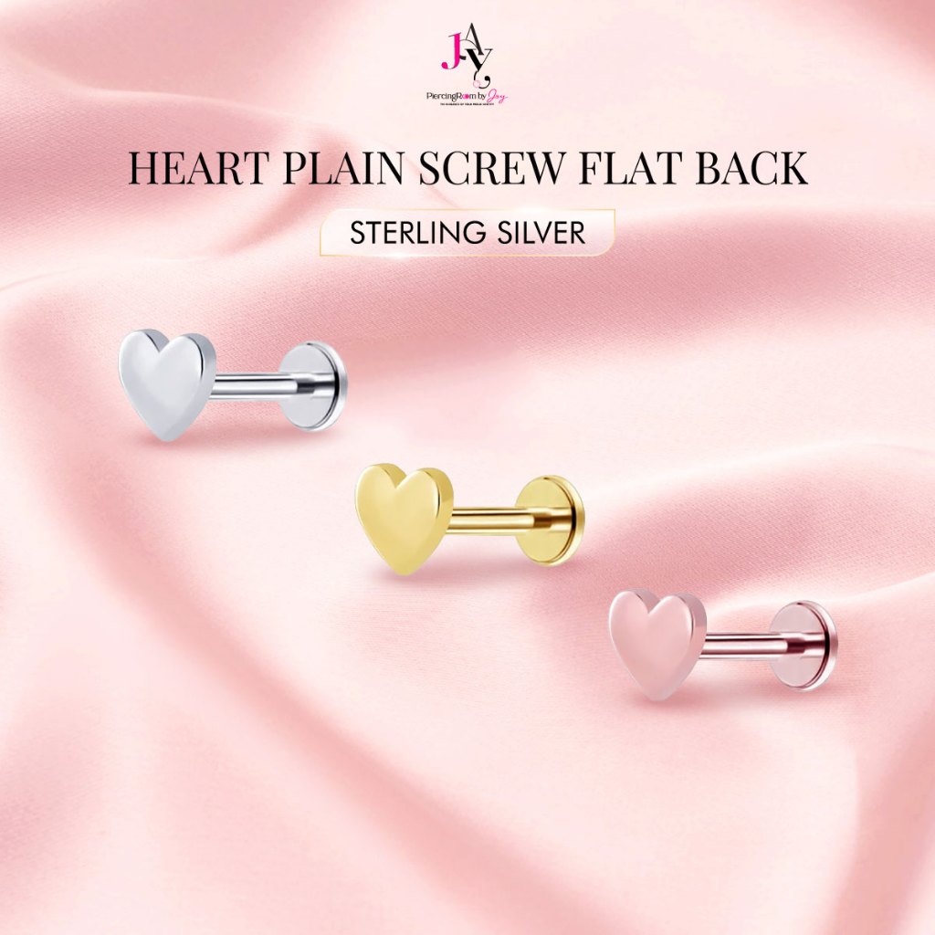 Piercingroom by Jay จิว/ต่างหู แป้นแบน สำหรับผิวแพ้ง่าย Heart Plain Screw Flat Back เงินแท้ (ราคาต่อชิ้น)