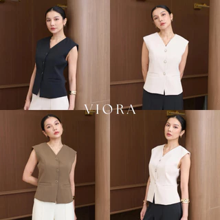VIORA TOP (เฉพาะเสื้อ) เสื้อคอวีแขนล้ำทรงสวยเฉียบ กระดุมปั๊มกระเป๋าเจาะด้าน