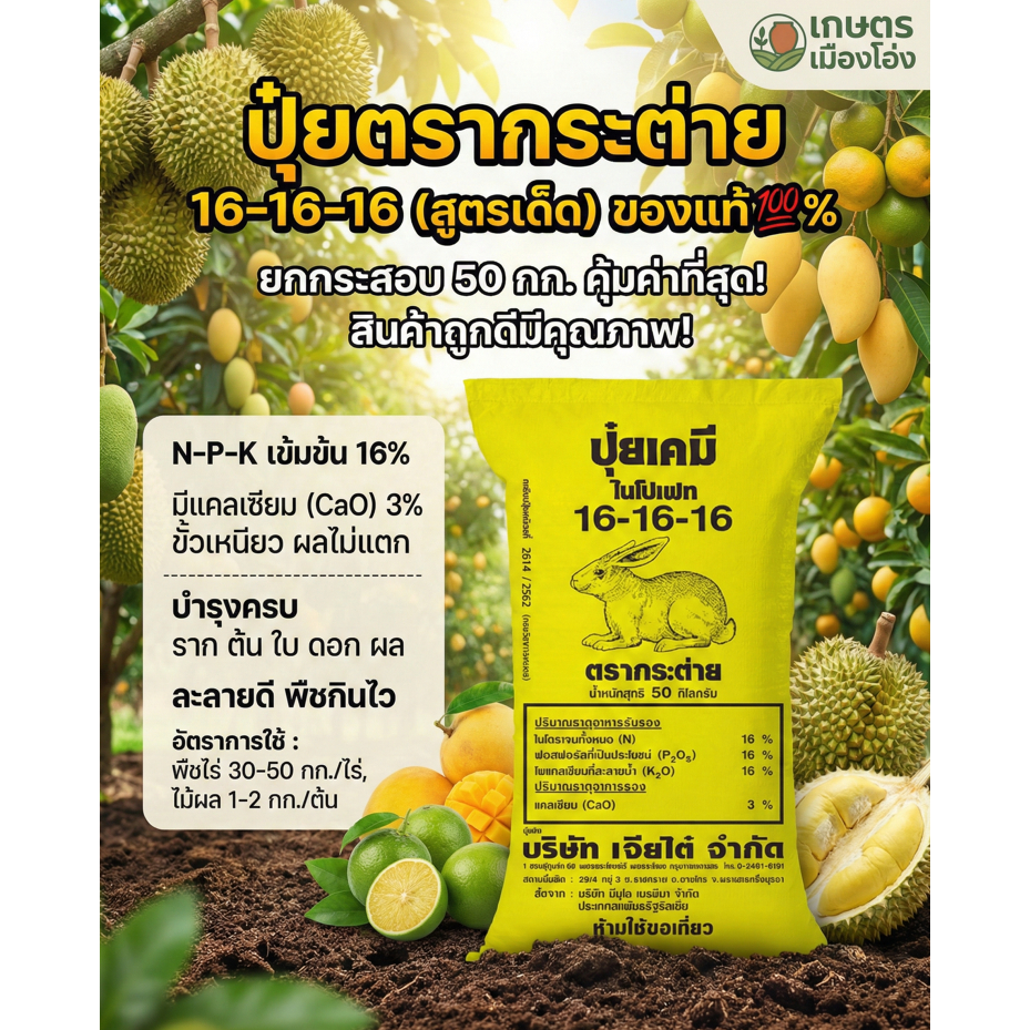 ยกกระสอบ50กก ปุ๋ยสูตรเสมอ 16-16-16 กระต่ายช่วยเพิ่มผลผลิต เพิ่มรสชาติให้กับพืชผักและผลไม้ทุกชนิด กระตุ้นการเติบโต