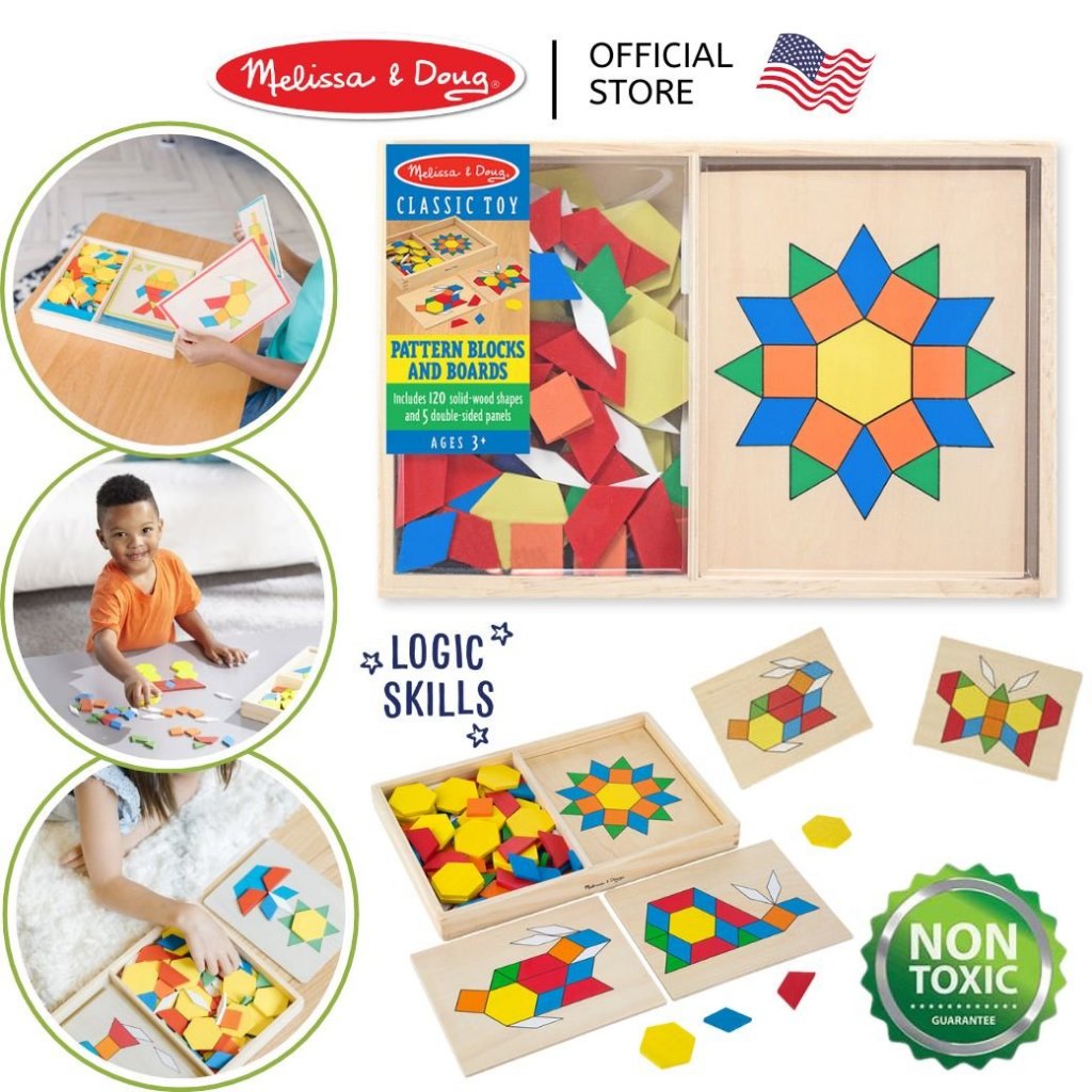 Melissa and Doug ตัวต่อรูปทรงเรขาคณิต แทนแกรม Pattern Blocks and Boards
