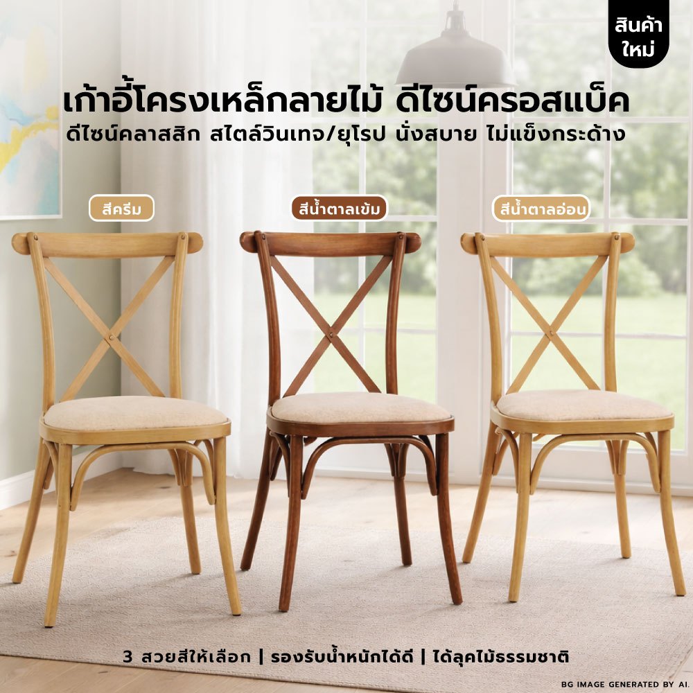 เก้าอี้โครงเหล็กลายไม้ ดีไซน์ครอสแบ็ค ดีไซน์คลาสสิก YL0526-YL0528