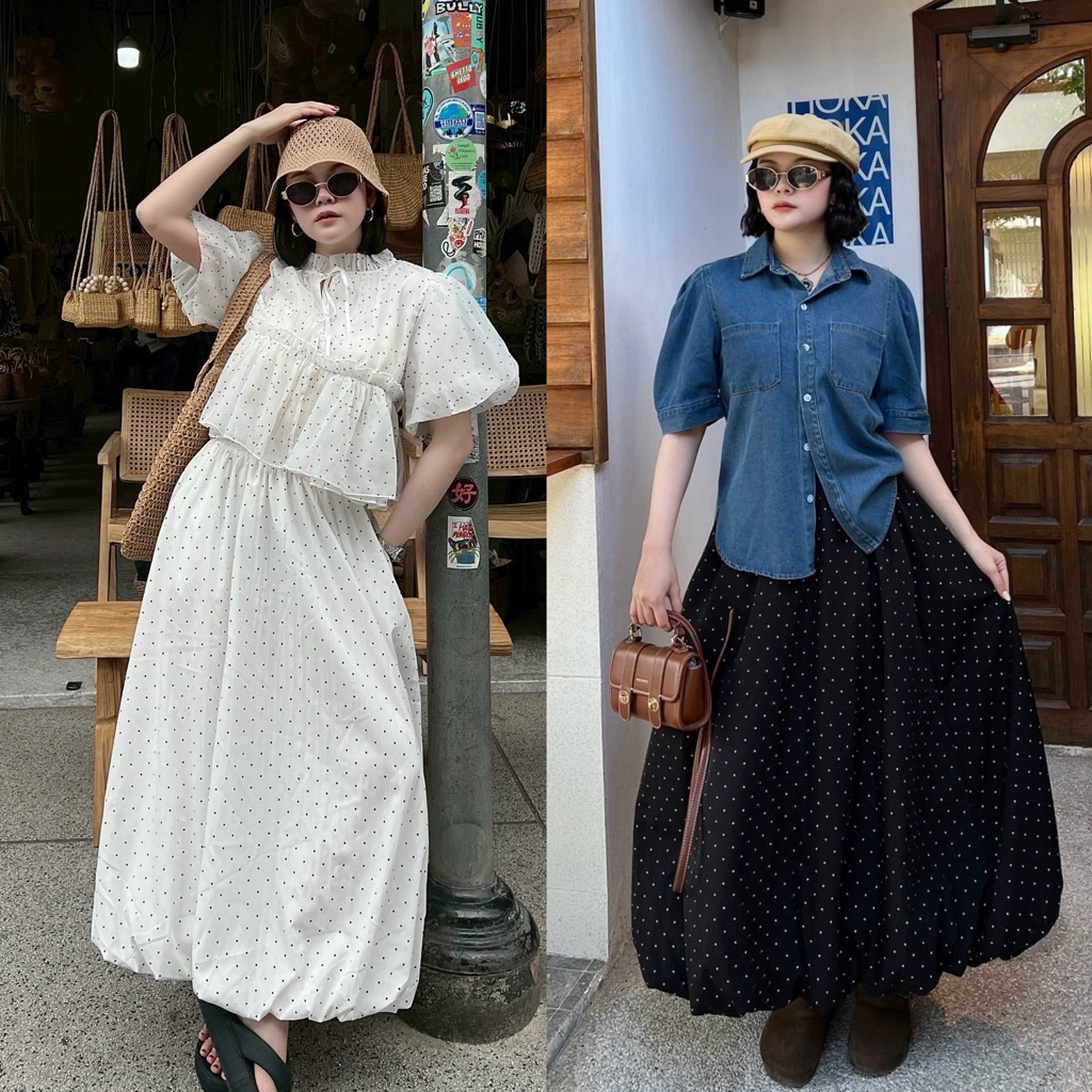 กระโปรงบอลลูน polkadot ( เอว 24-38 ) ผ้าเครปญี่ปุ่น มีซับในทุกสี ผ้าใส่สบาย ไม่ร้อน
