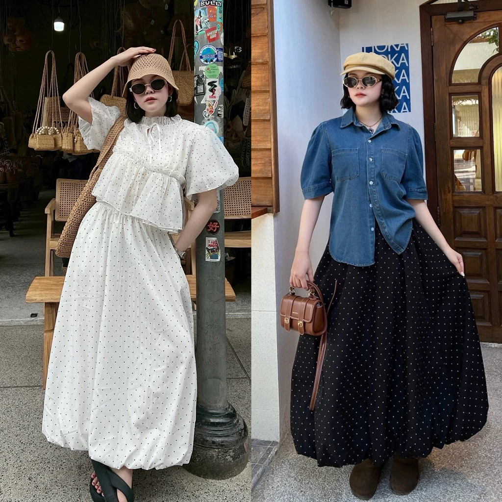 กระโปรงบอลลูน polkadot ( เอว 24-38 ) ผ้าเครปญี่ปุ่น มีซับในทุกสี ผ้าใส่สบาย ไม่ร้อน