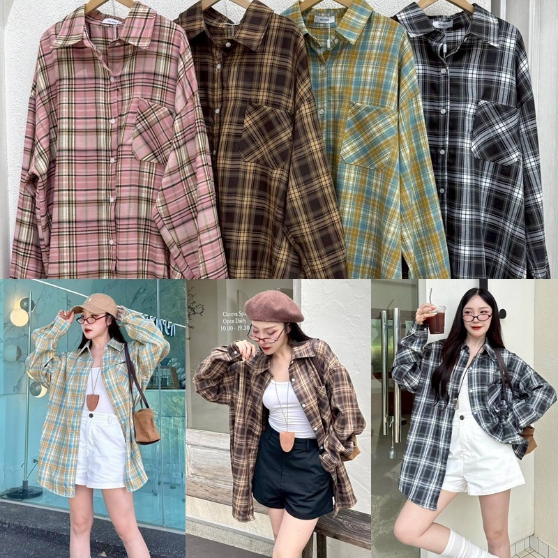 New Arrivals  #2531 เสื้อเชิ้ตลายตาราง ทรง oversized