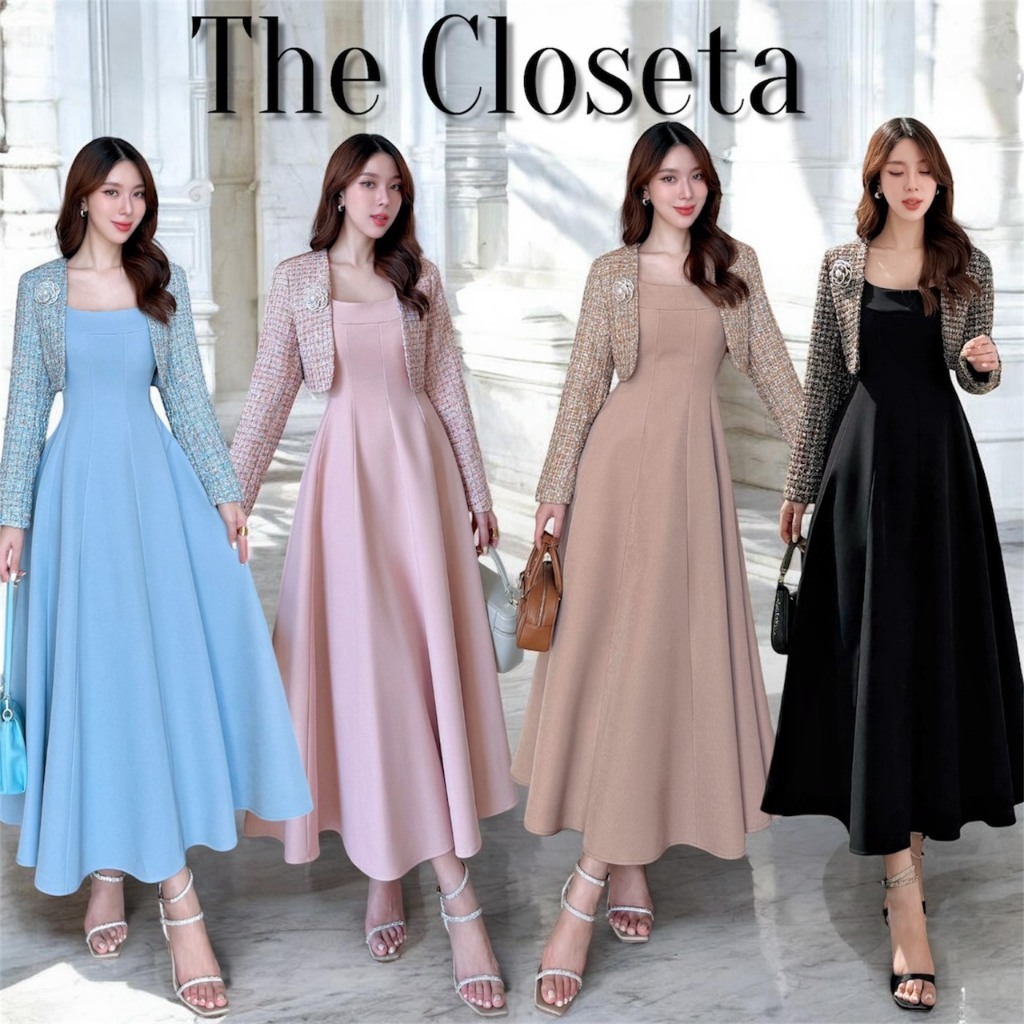 THE CLOSETA : LB606 ชุดเดรสแขนกุดผ้าสูท พร้อมเสื้อคลุมผ้าทวิตและเข็มกลัดเข้าชุด – โปรปัง