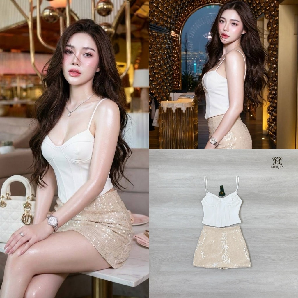 MERJES set เสื้อแซ่บเซ็กซี่ กระโปรงสีครีม