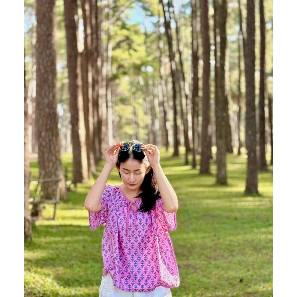 เสื้อคอรูดแขนสั้น เสื้อผ้าฝ้ายอินเดีย ใส่สบายไม่ร้อน เสื้อตัวปล่อยไม่อึดอัด