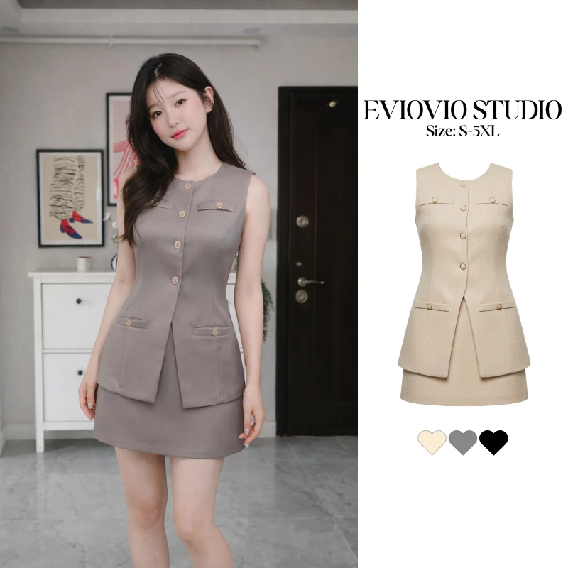 【EVIOVIO】ส่งทันที❗ เสื้อแขนกุด+กระดุมทอง กระโปรงมีซับด้านในเป็นกางเกง ซิบข้าง ยางยืด ลุคลูกคุณหนู ใส่ได้ในทุกวัน💕