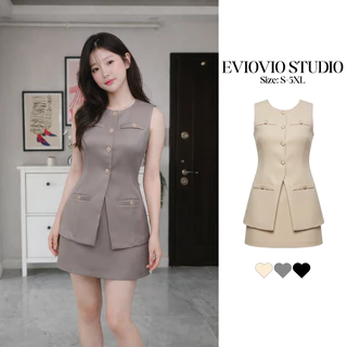 【EVIOVIO】ส่งทันที❗ เสื้อแขนกุด+กระดุมทอง กระโปรงมีซับด้านในเป็นกางเกง ซิบข้าง ยางยืด ลุคลูกคุณหนู ใส่ได้ในทุกวัน💕