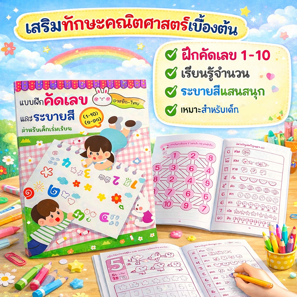 Aksara for kids หนังสือเด็ก แบบฝึกคัดเลข และ ระบายสี เลข อารบิค ไทย 1-10 / ๑-๑๐