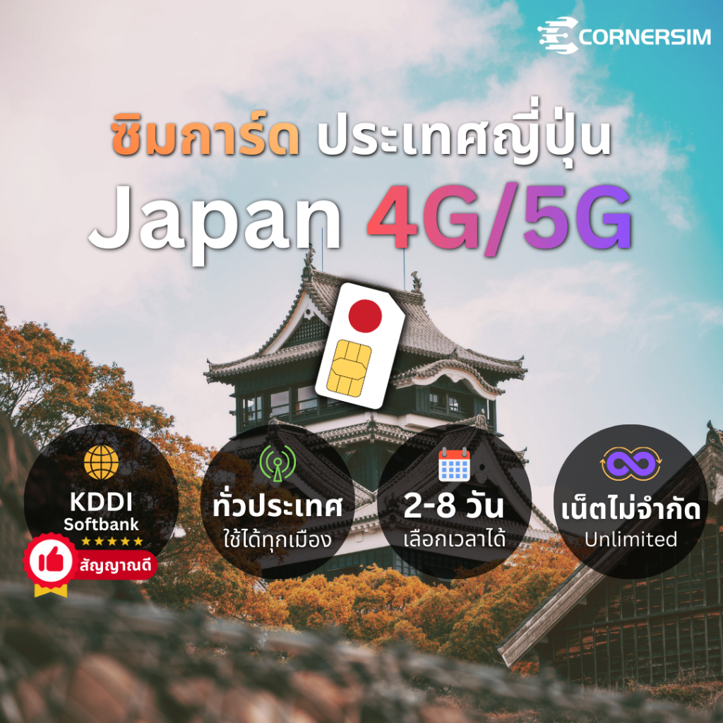Japan SIM ซิมญี่ปุ่น KDDI Sofbank เน็ต 4G/5G ไม่จำกัด เลือกได้ 2-8 วัน