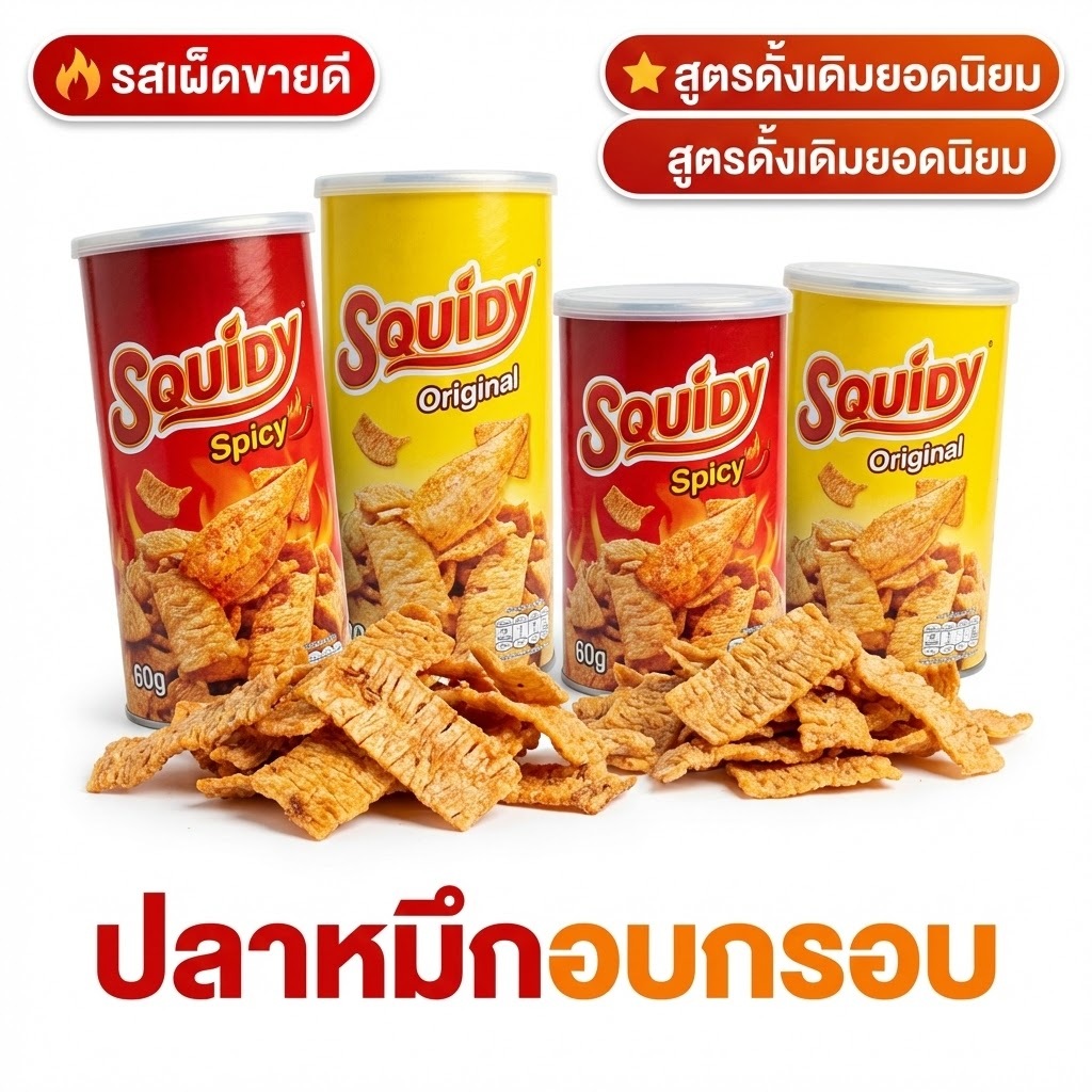 Squidy สควิดดี้ ปลาหมึกอบกรอบ รสดั้งเดิม/รสเผ็ด ขนาด 60g / 90g ขนมปลาหมึก ของกินเล่นยอดนิยม