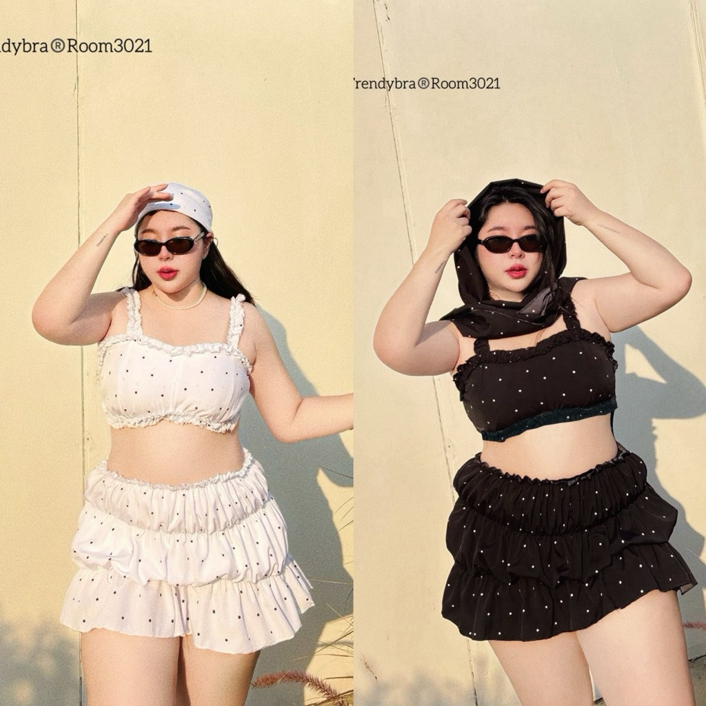 เซ็ต 3 ชิ้น เสื้อสายเดี่ยว+ กระโปรง(แถมผ้าคลุม) ลาย Polka Dots สุดฮิต สาวอวบ ไซส์ใหญ่