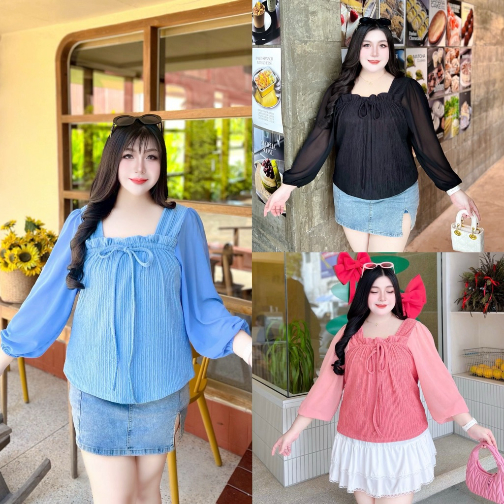 เสื้อรูดอกสาวอวบแขนชีฟองอก52หวานๆ