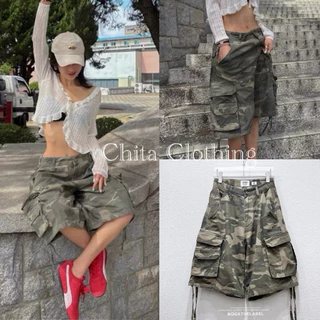 📍พร้อมส่ง📍🇰🇷FSY🇰🇷61821💌 Vintage camo cargo shorts🔥 กางเกงผ้ายีนส์บางลายทหาร เอวต่ำทรงคาร์โก้ แต่งกระเป๋าใหญ่